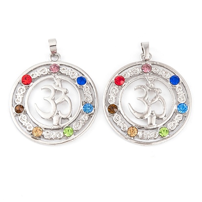 Подвески со стразами из микропаве из сплава чакры, долговечный, без свинца и без кадмия, плоский круглый с аум