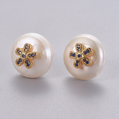 Natural Pearl Stud Earrings, with Brass Micro Pave Cubic Zirconia Findings, Flat Round with Flower, Long-Lasting Plated, with Ear Nuts