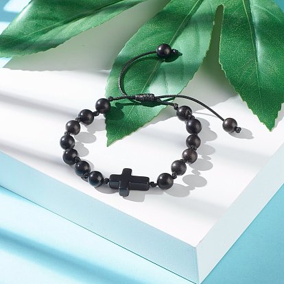 Round Natural Wood Beaded Bracelet for Men Women, Cross Synthetic Turquoise(Dyed) Bracelet