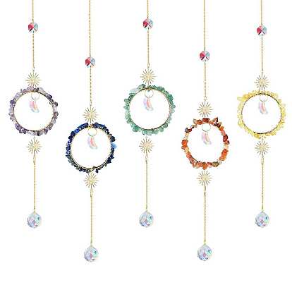 Gemstone Chip Hanging Suncatcher Pendant Decoration, Circle Ring Crystal Ceiling Chandelier Ball Prism Pendants, with Stainless Steel Findings