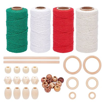 Kits de fabrication de bijoux diy, 6 anneaux de liaison en bois, 40 pcs arbre & géométrie perles de bois, bâtons de hêtre et fils de coton