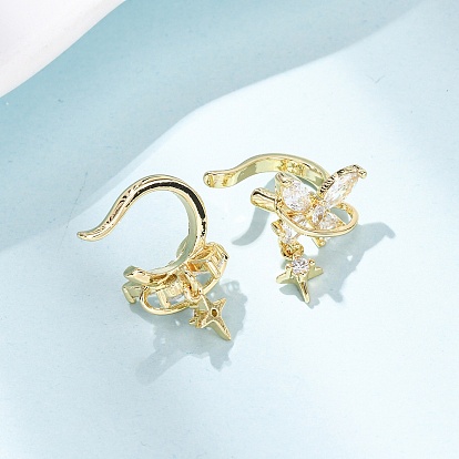 Серьги-каффы с бабочкой и звездой из латуни с микропаве из прозрачных кубических цирконий, долговечный, стойки покрытие, без свинца и без кадмия