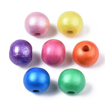 Painted Natural Wood Beads, Pearlized, Round