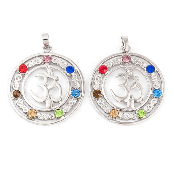 Подвески со стразами из микропаве из сплава чакры, долговечный, без свинца и без кадмия, плоский круглый с аум