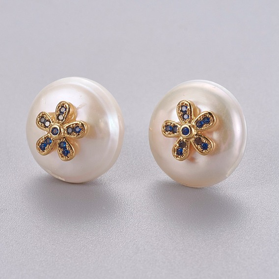 Natural Pearl Stud Earrings, with Brass Micro Pave Cubic Zirconia Findings, Flat Round with Flower, Long-Lasting Plated, with Ear Nuts