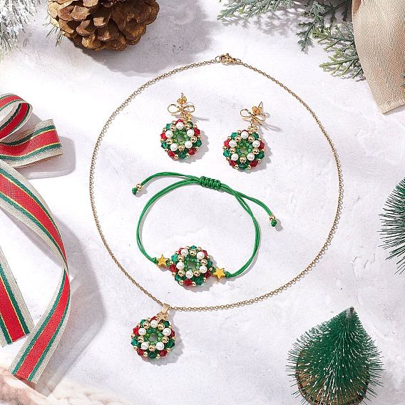 Рождественский венок стеклянные бусины браслеты и подвески ожерелья и серьги-гвоздики наборы, 304 наборы украшений из ракушечных бусин и латуни и нержавеющей стали для женщин