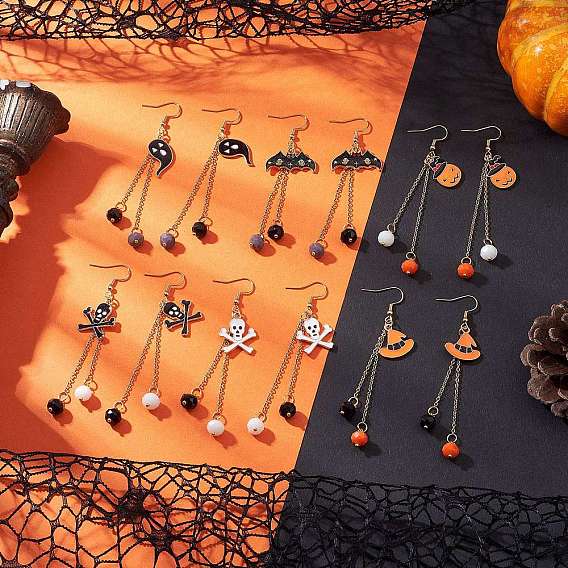 304 серьги с подвесками из стекла из нержавеющей стали, со сплавом и эмалью, золотые, Хэллоуин тема