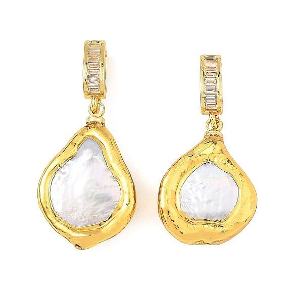 Eletroplated Natural Baroque Keshi Pearl Pendants, Teardrop Charms with Brass Pave Clear Cubic Zirconia Peg Bails, White