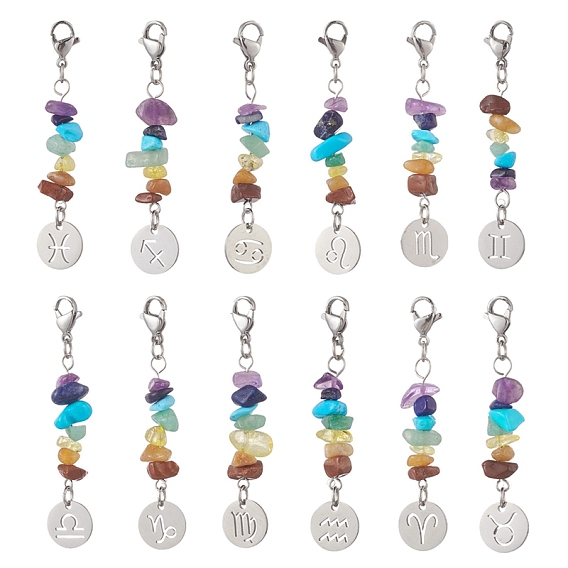 Chakra Theme Natural Gemstone Chips Decorations, 12 Constellation Pendant Decorations, with 304 Stainless Steel Lobster Claw Clasps