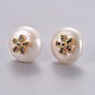 Natural Pearl Stud Earrings, with Brass Micro Pave Cubic Zirconia Findings, Flat Round with Flower, Long-Lasting Plated, with Ear Nuts
