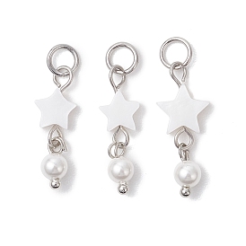 Природные подвески оболочки пресноводных, подвески-звезды с круглыми жемчужинами-ракушками и 304 соединительными кольцами из нержавеющей стали, белые