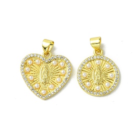 Real 18K Gold Plated Brass Micro Pave Clear Cubic Zirconia Pendants, with Plastic Pearl