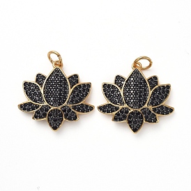 Brass Micro Pave Black Cubic Zirconia Pendants, with Jump Rings, Lotus