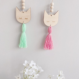 Nordic Wooden Beads Tassel Wall Hanging Ornament, Cartoon Cat Kids Room Wall Hanging Decoration
