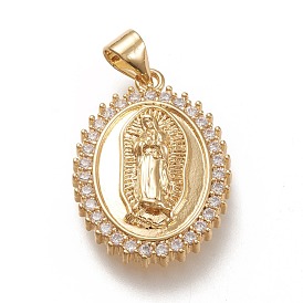 Brass Pendants, with Clear Cubic Zirconia, Oval with Holy Virgin, Clear, Real 18K Gold Plated