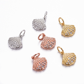 Brass Charms, with Cubic Zirconia, Shell, Clear