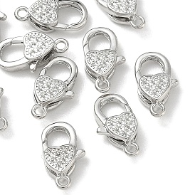 Fermoirs mousquetons en laiton Shegrace, micro-pavés de zirconiums cubiques transparents, cœur, sans cadmium et sans plomb et sans nickel