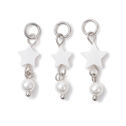 Природные подвески оболочки пресноводных, подвески-звезды с круглыми жемчужинами-ракушками и 304 соединительными кольцами из нержавеющей стали, белые