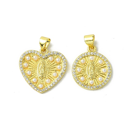 Real 18K Gold Plated Brass Micro Pave Clear Cubic Zirconia Pendants, Cadmium Free & Nickel Free & Lead Free, with Plastic Pearl