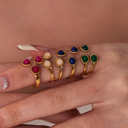 Кольцо с натуральным драгоценным камнем во французском стиле, манжеты из нержавеющей стали, реальный 18 k позолоченный