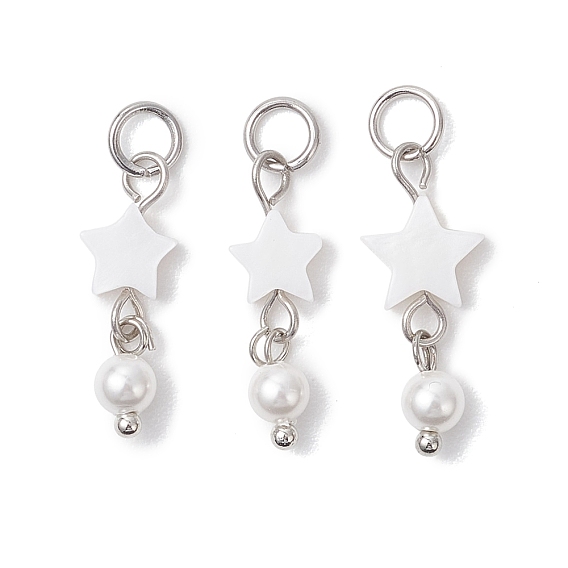Природные подвески оболочки пресноводных, подвески-звезды с круглыми жемчужинами-ракушками и 304 соединительными кольцами из нержавеющей стали, белые