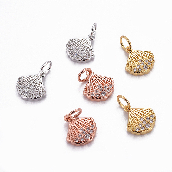 Brass Charms, with Cubic Zirconia, Shell, Clear