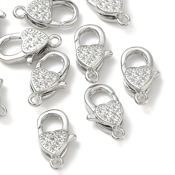 SHEGRACE Brass Micro Pave Clear Cubic Zirconia Lobster Claw Clasps, Heart, Cadmium Free & Lead Free & Nickel Free