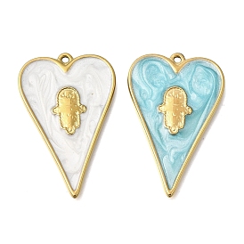 304 Stainless Steel Enamel Pendants, Heart with Hamsa Hand Charms, Golden