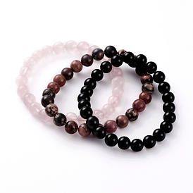 Natural Rose Quartz & Rhodonite & Black Agate(Dyed) Beaded Stretch Bracelets Sets, Round