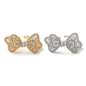 Brass Pave Cubic Zirconia  Open Cuff Rings for Women, Bowknot