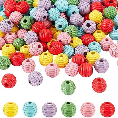 180Pcs 6 Style Painted Natural Wood Beehive Beads, Round, Lead Free