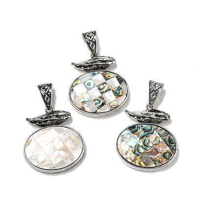 Natural Paua Shell Pendants, Antique Silver Plated Alloy Oval Charms