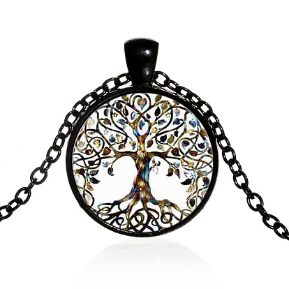 Tree of Life Glass Pendant Necklace with Alloy Cable Chains