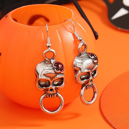 Серьги-скелет, череп, роза, черное серебро, готическая уличная бижутерия