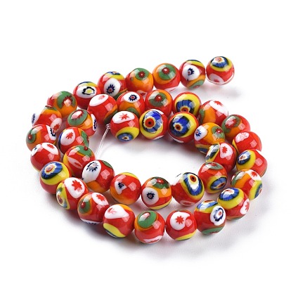 Handmade Lampwork Beads Strands, Round with Flower Pattern