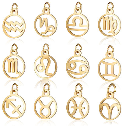 201 Stainless Steel Charms, with Jump Rings, Polished, Flat Round with Constellation, Golden