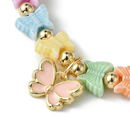 ABS Plastic Imitation Pearl Stretch Bracelets, Butterfly Alloy Enamel Charms Bracelets for Kid