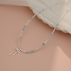 925 Женские ожерелья с подвесками в виде банта из круглых бусин из стерлингового серебра с натуральным аквамарином