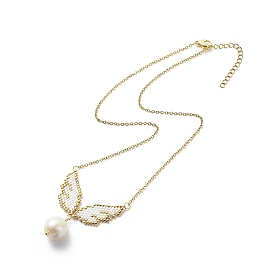 Glass Seed Wing with Natural Pearl Pendant Necklace, Golden Brass Jewelry for Women