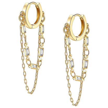 Круглые серьги-кольца из латуни с микропаве из прозрачных кубических цирконий, подвеска в виде цепочки