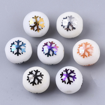 Christmas Opaque Glass Beads, Round with Electroplate Snowflake Pattern