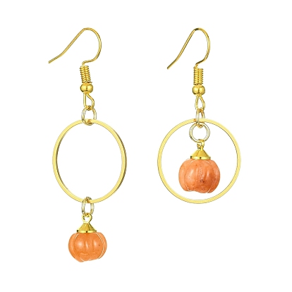 Natural Mixed Gemstone Pumpkin with Ring Dangle Earrings, Iron Asymmetrical Earrings