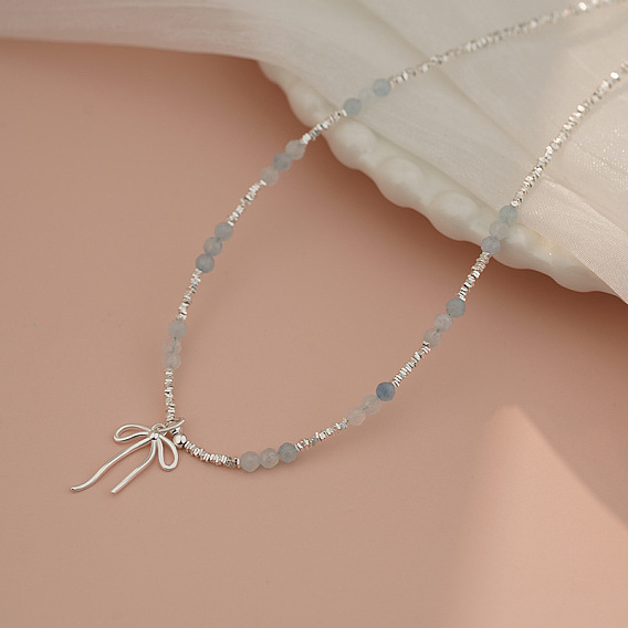 925 Женские ожерелья с подвесками в виде банта из круглых бусин из стерлингового серебра с натуральным аквамарином