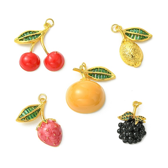 5шт 5 стили латунные подвески со стразами, фрукты, золотые