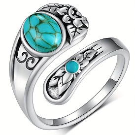 Synthetic Turquoise Cuff Rings, with Alloy Findings, Flower