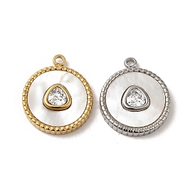 304 Stainless Steel Pave Crystal Rhinestone Pendants with Shell, Flat Round with Triangle Charms
