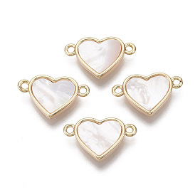 Brass Links, with Freshwater Shell, Nickel Free, Heart, Real 18k Gold Plated