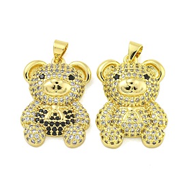 Brass Micro Pave Clear Cubic Zirconia Pendants, Real 18K Gold Plated, Bear