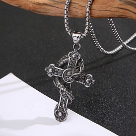 Vintage Punk Dragon Cross Stainless Steel Necklace Pendant Fashion Jewelry.