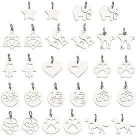 28Pcs 14 Style 304 Stainless Steel & 201 Stainless Steel Pendants, Flat Round & Dog Paw Prints & Hamsa Hand & Flower & Heart & Word & Star & Elephant & Cat